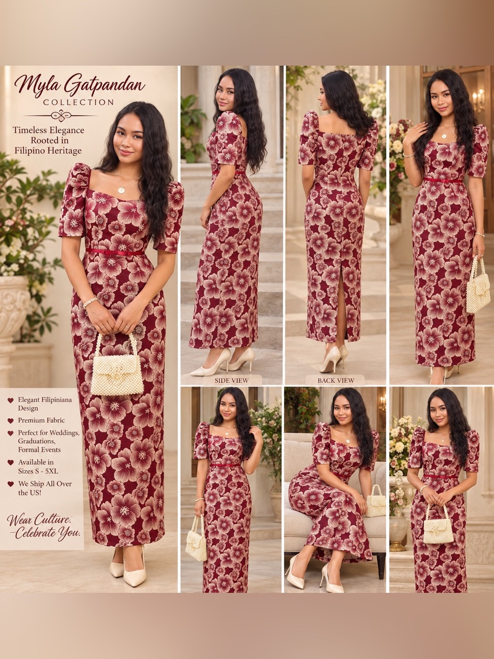Elegant Filipiniana Floral Square-Neck Burgundy/Red Dress